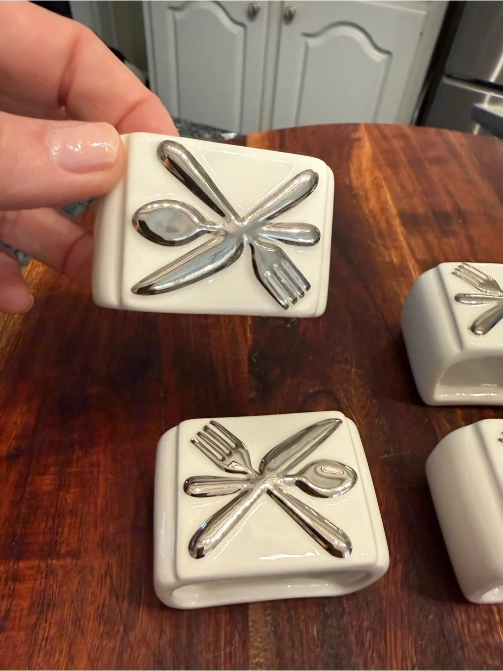 Set of 6 Ceramic Pottery Barn Napkin Ring Holders White Silver Fork Spoon New